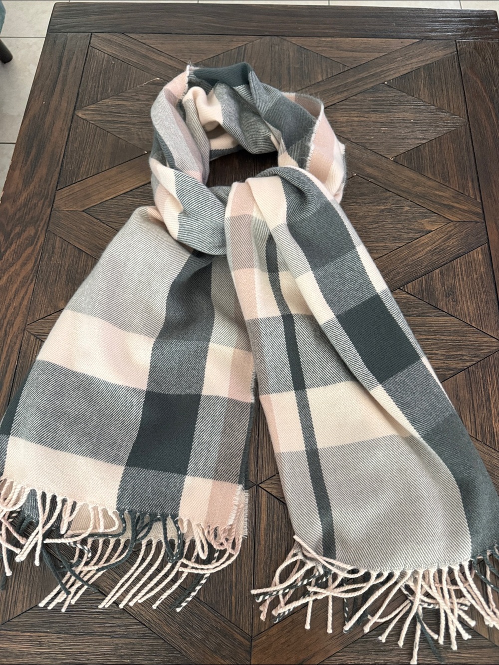 J.Crew Classic Plaid Blanket Scarf Pink Cream Gray Oversized Fringe Wrap